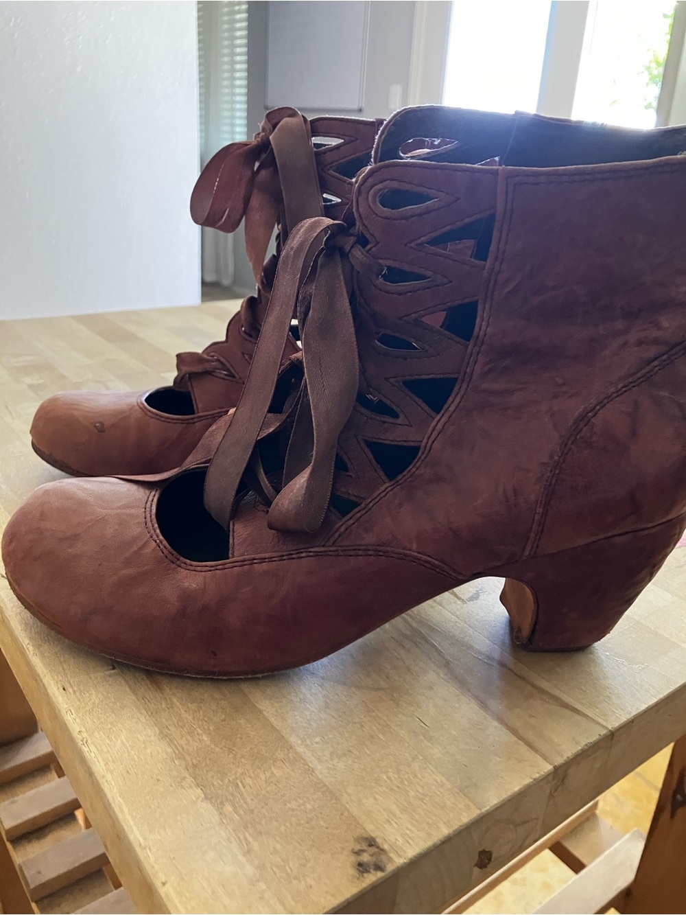 Anthropologie Brown Lace-Up Cutout Ankle Booties